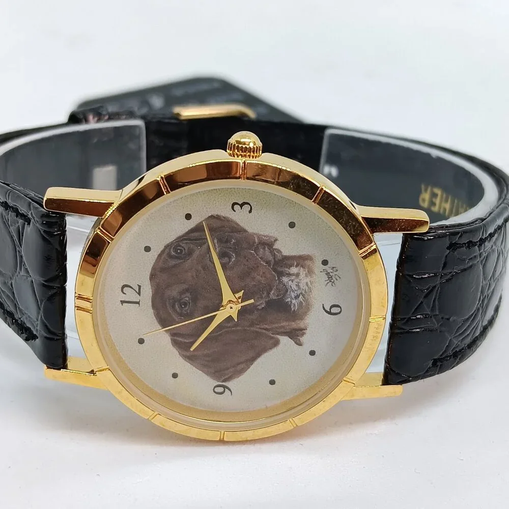 German Pointer 33mm Women's Gold Tone Black Leather Band Dog Watch